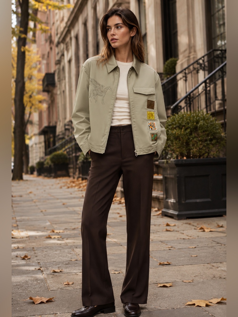 Hermès 2023 Pegasus Embroidered Patch Zip Jacket Khaki S